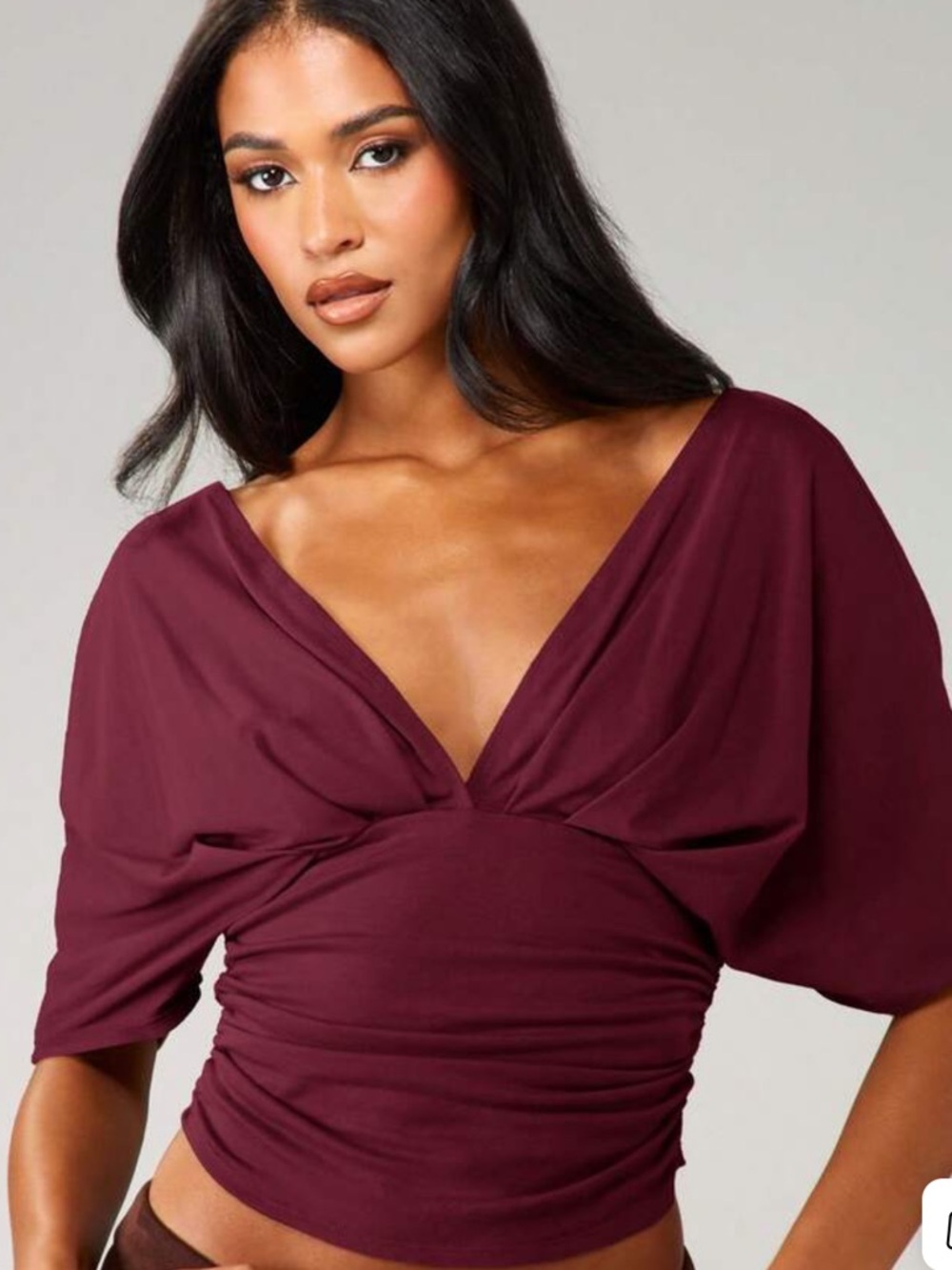 Missguided + Burgundy V-Neck Ruched Dolman Crop Top